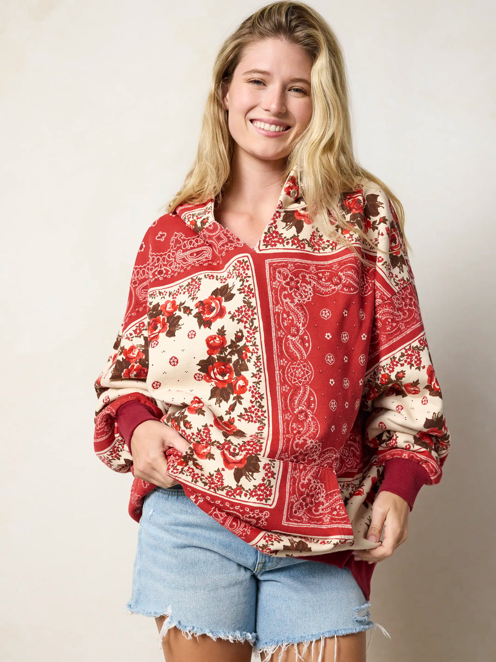 Women's red paisley patchwork hoodie with kangaroo pocket