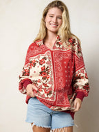Women's red paisley patchwork hoodie with kangaroo pocket