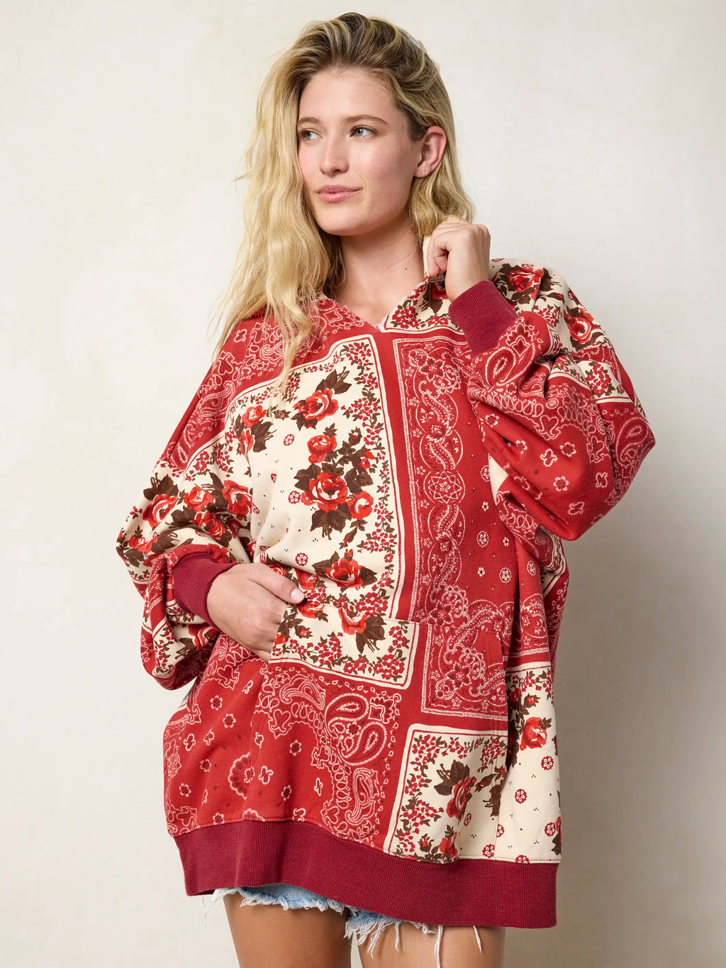 Women's red paisley patchwork hoodie with kangaroo pocket