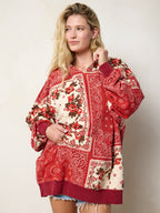Women's red paisley patchwork hoodie with kangaroo pocket