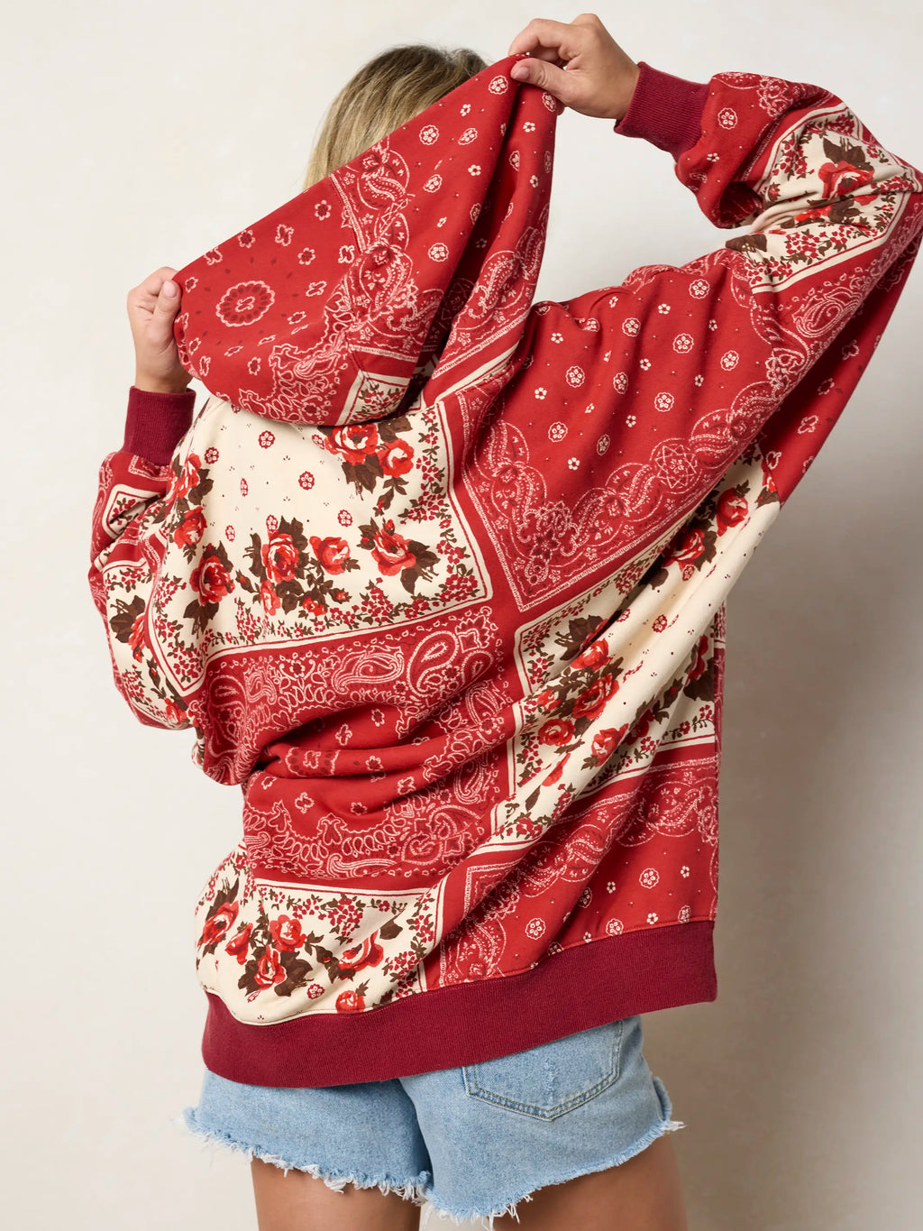 Women's red paisley patchwork hoodie with kangaroo pocket