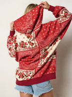 Women's red paisley patchwork hoodie with kangaroo pocket