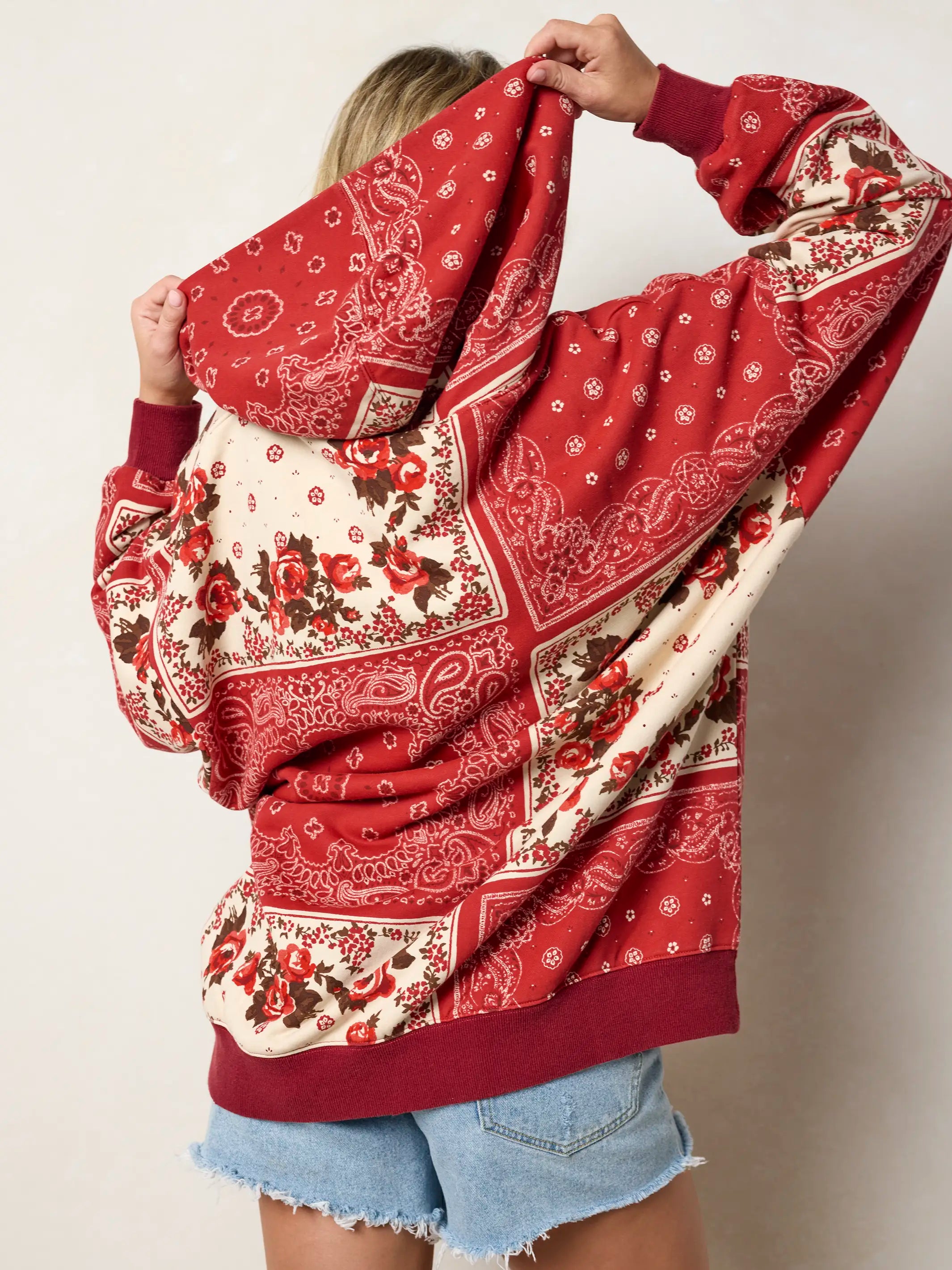 Women's red paisley patchwork hoodie with kangaroo pocket
