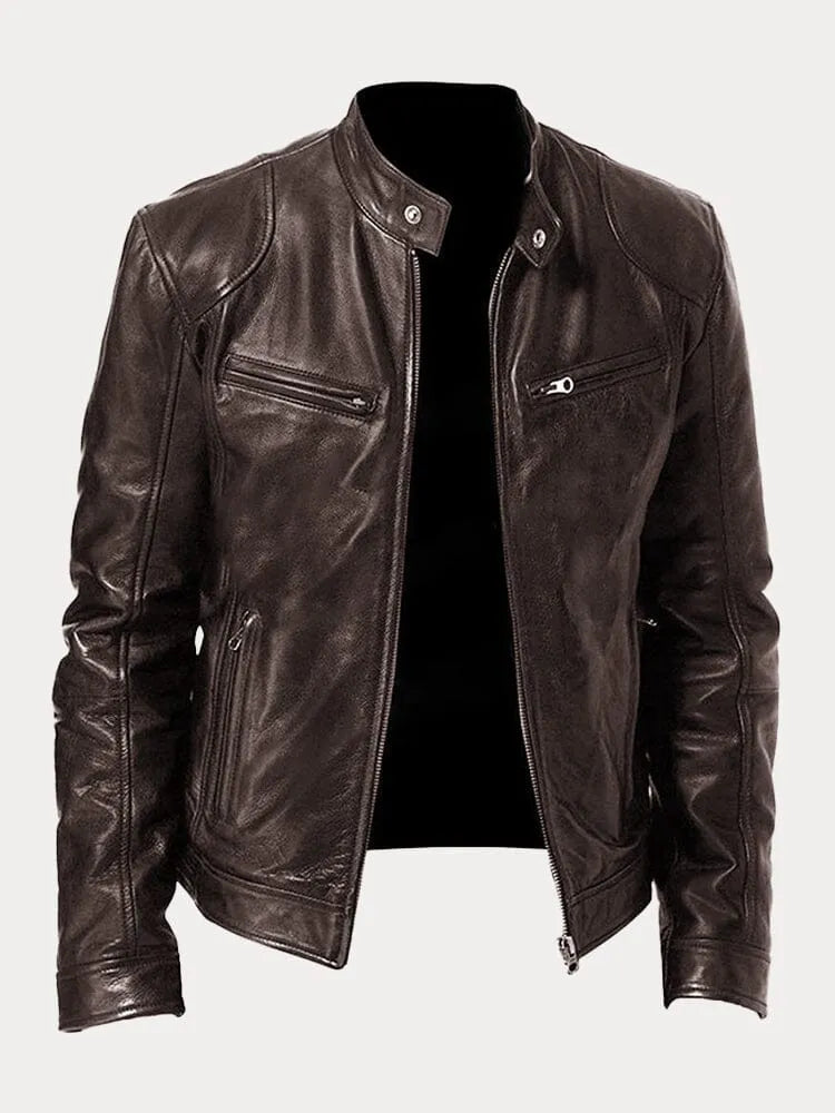 Men's solid biker jacket with stand collar, front zip and zipped pockets
