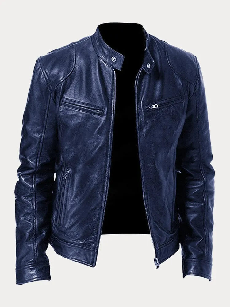 Men's solid biker jacket with stand collar, front zip and zipped pockets