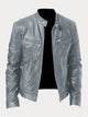 Men's solid biker jacket with stand collar, front zip and zipped pockets