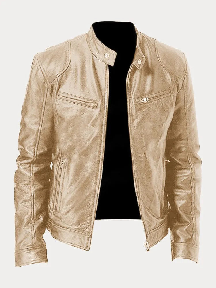 Men's solid biker jacket with stand collar, front zip and zipped pockets