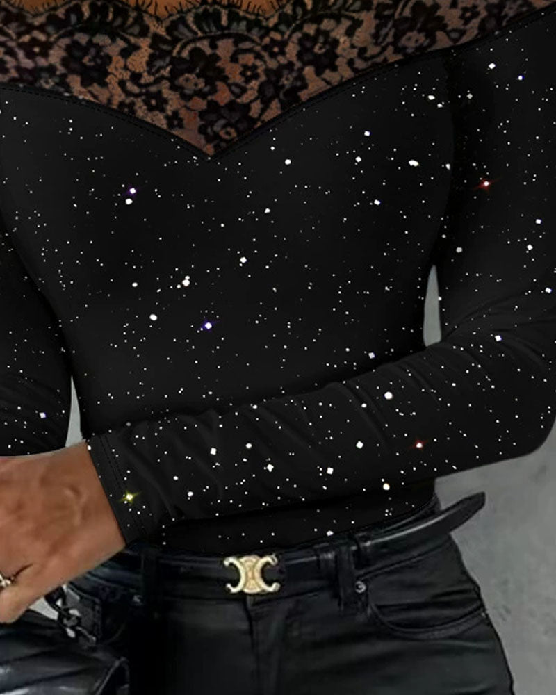 Women's long-sleeve off-shoulder top with floral lace trim and glitter speckles
