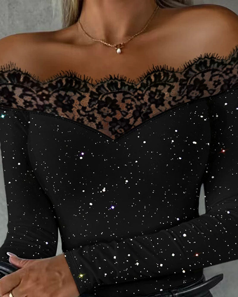 Women's long-sleeve off-shoulder top with floral lace trim and glitter speckles