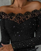 Women's long-sleeve off-shoulder top with floral lace trim and glitter speckles
