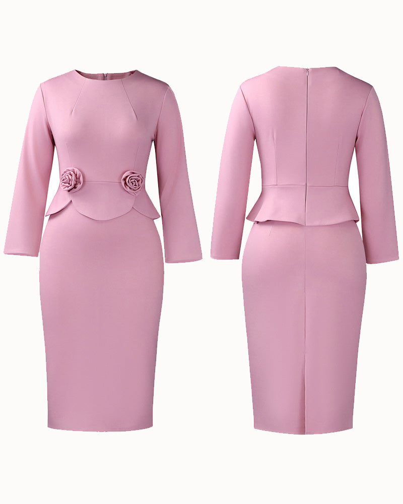 Women's long-sleeve fitted pencil dress with peplum waist and rosette details
