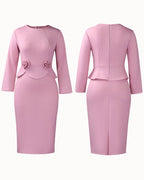 Women's long-sleeve fitted pencil dress with peplum waist and rosette details