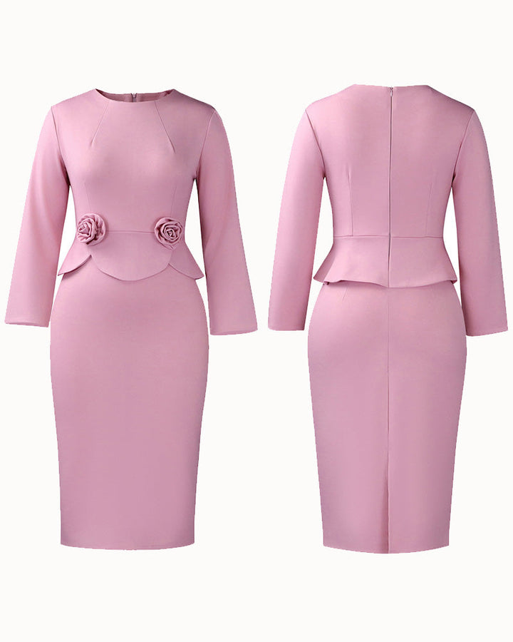 Women's long-sleeve fitted pencil dress with peplum waist and rosette details