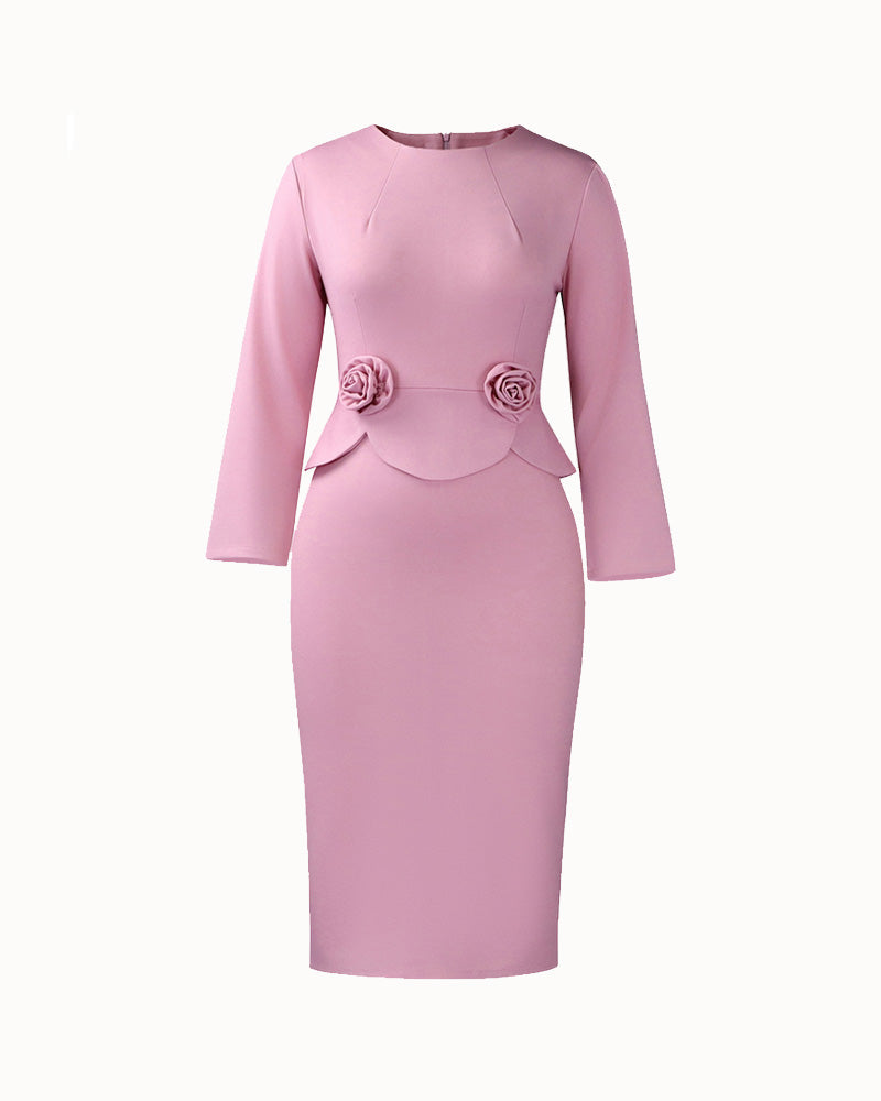 Women's long-sleeve fitted pencil dress with peplum waist and rosette details