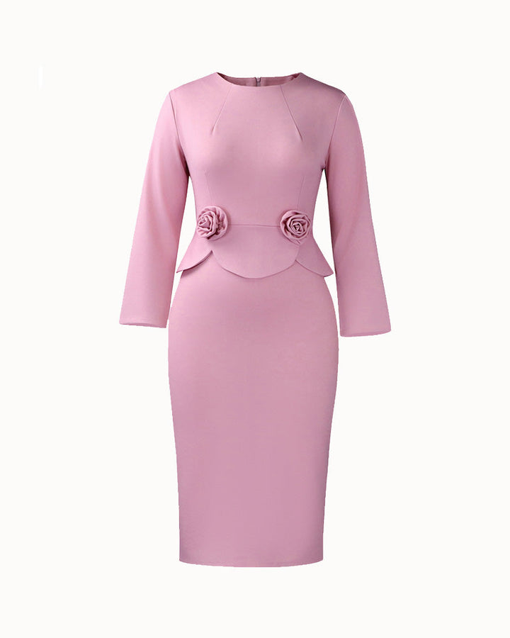 Women's long-sleeve fitted pencil dress with peplum waist and rosette details