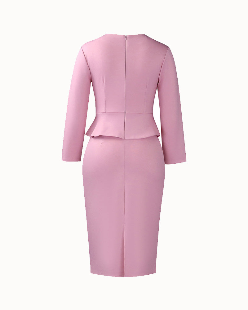 Women's long-sleeve fitted pencil dress with peplum waist and rosette details