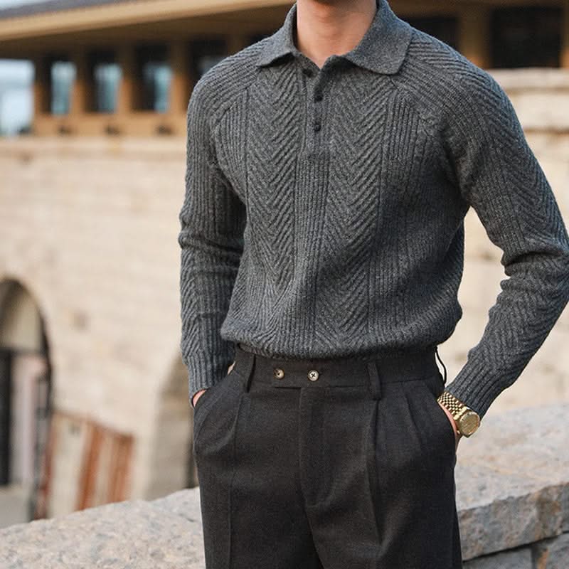 Men's cable knit polo sweater with long sleeves