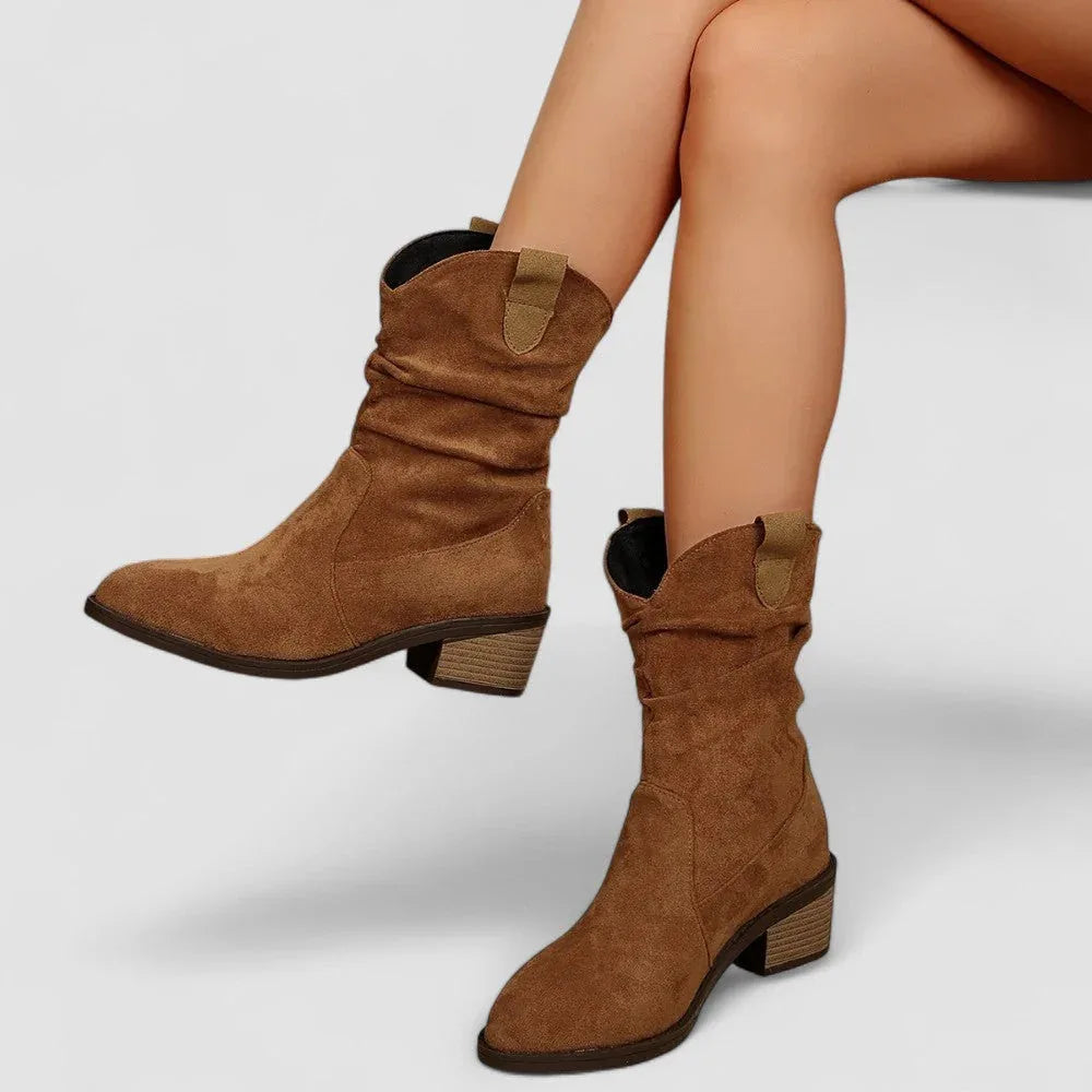 Women's slouch mid-calf boots with pointed toes and block heels
