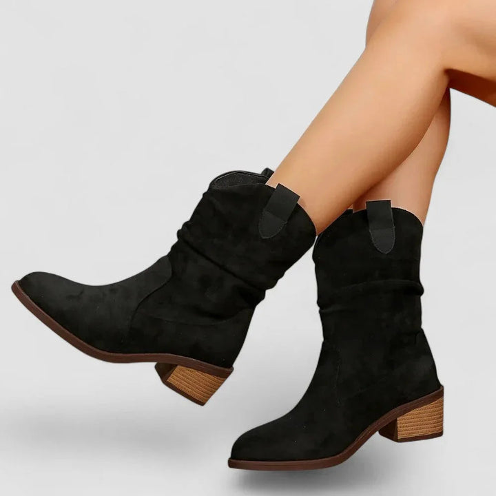 Women's slouch mid-calf boots with pointed toes and block heels