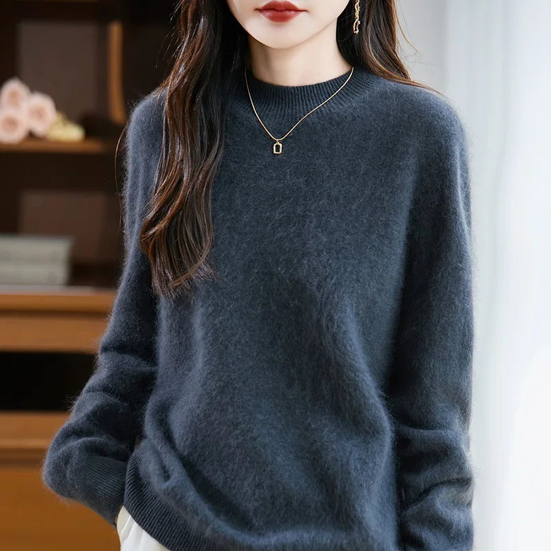 Women's fuzzy crew neck sweater with long sleeves