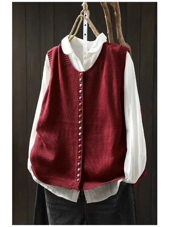 Women's sleeveless knit vest with V-neck and colorful buttons
