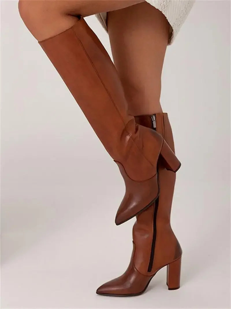 Women's knee-high pointed toe heeled boots