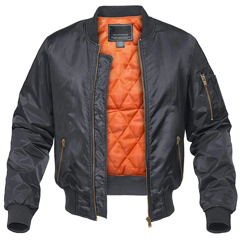 Men's quilted bomber jacket with zip front and side pockets