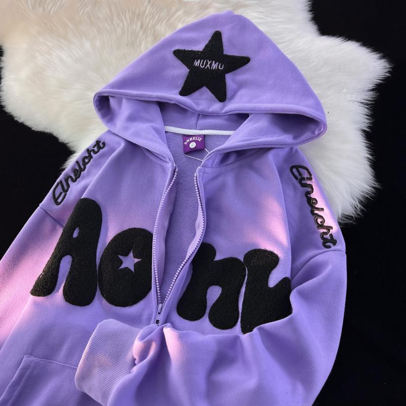 Women's hooded zip-up hoodie with contrasting star appliqué, lettering and front pouch pocket