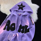 Women's hooded zip-up hoodie with contrasting star appliqué, lettering and front pouch pocket