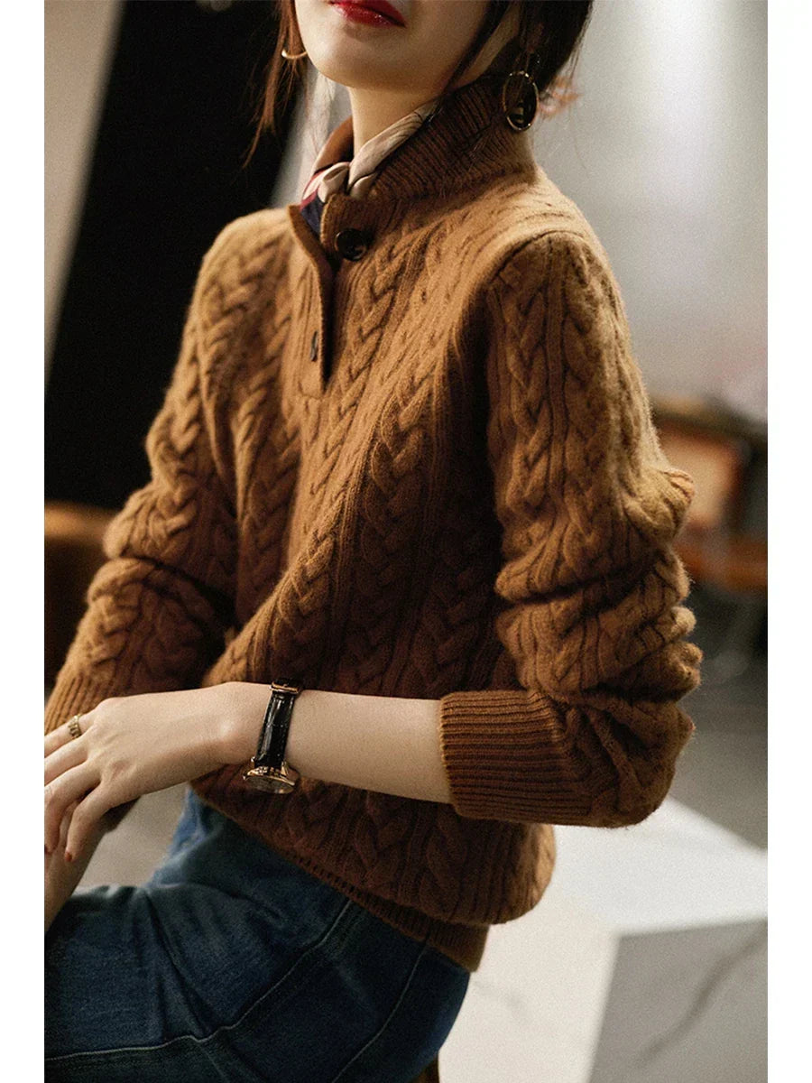 Women's cable knit sweater with buttoned stand collar and long sleeves