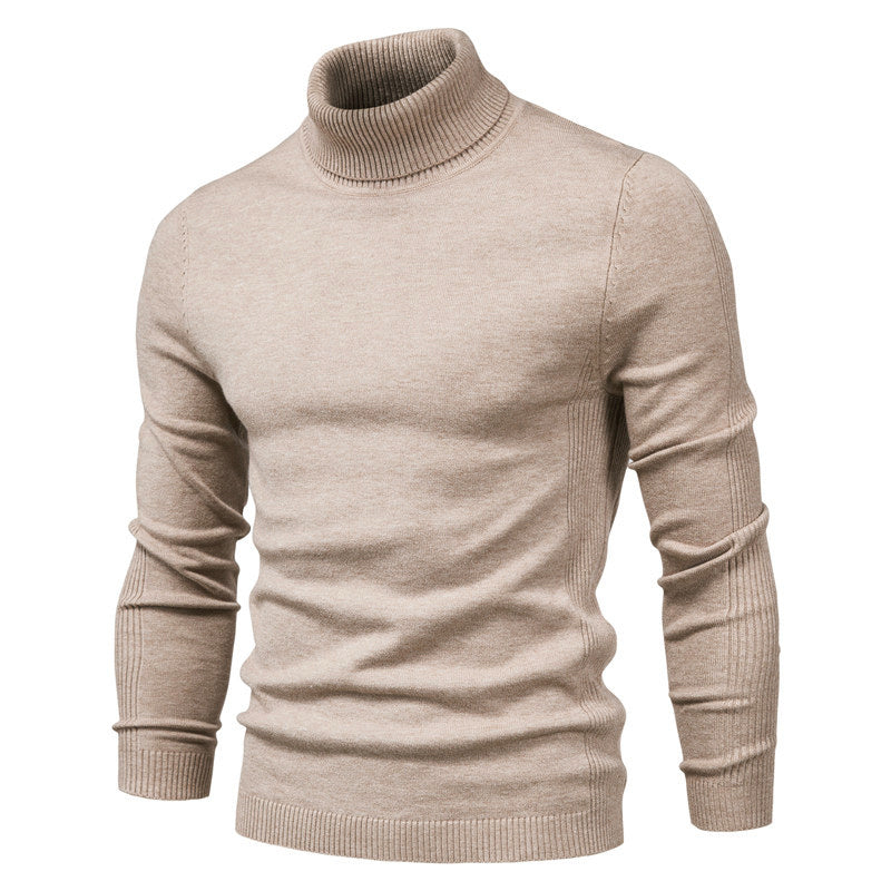 Men's long-sleeve turtleneck sweater with ribbed collar, cuffs and hem