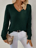 Women's V-neck sweater with open-knit textured sleeves
