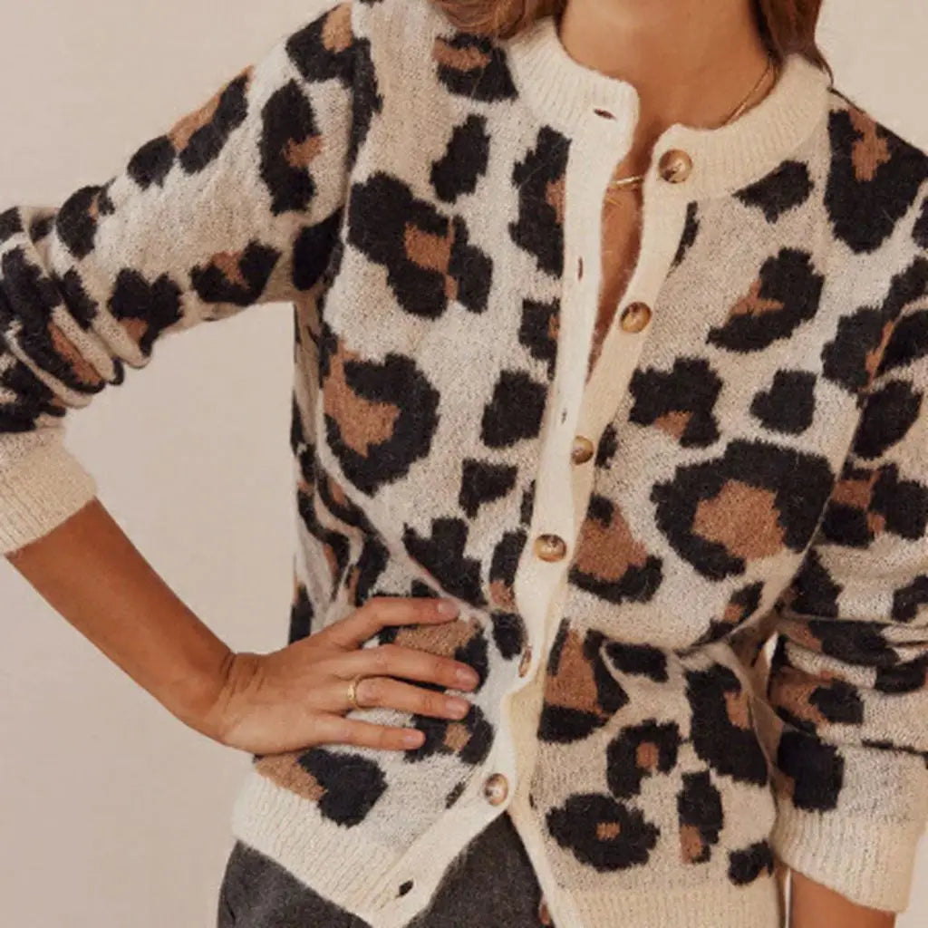 Women's leopard pattern cardigan with long sleeves and button front