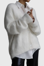 Women's relaxed fuzzy knit V-neck cardigan with buttons