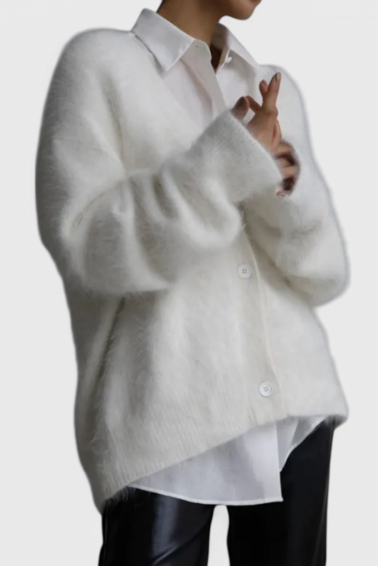 Women's relaxed fuzzy knit V-neck cardigan with buttons