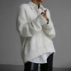 Women's fluffy V-neck button-front cardigan with long sleeves and patch pockets