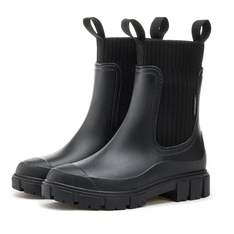 Women's Chelsea rain boots with elasticated side panels and chunky lug soles