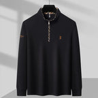 Men's quarter zip knit pullover with mock neck and checkered collar lining