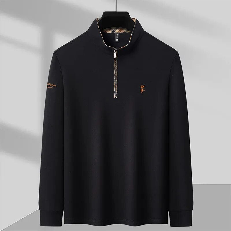 Men's quarter zip knit pullover with mock neck and checkered collar lining
