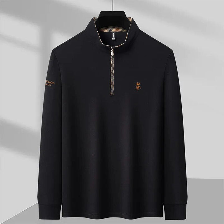 Men's quarter zip knit pullover with mock neck and checkered collar lining