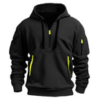 Men's long-sleeve hooded hoodie with half zip and multiple utility pockets