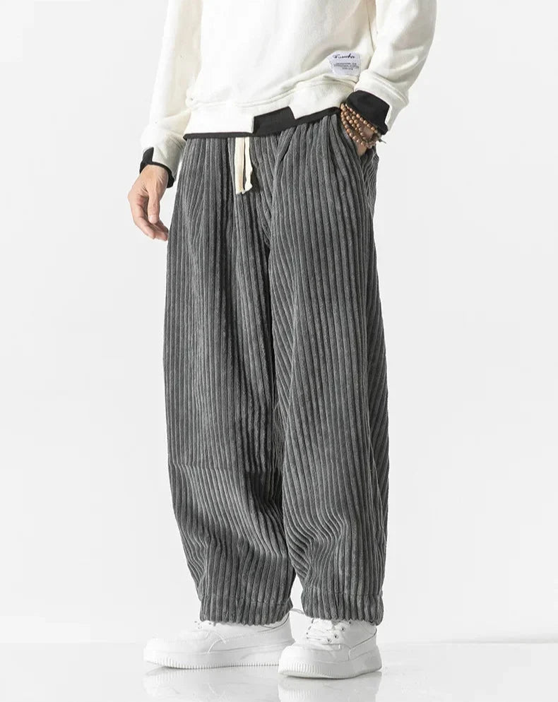 Men's wide-leg ribbed corduroy trousers with drawstring waist