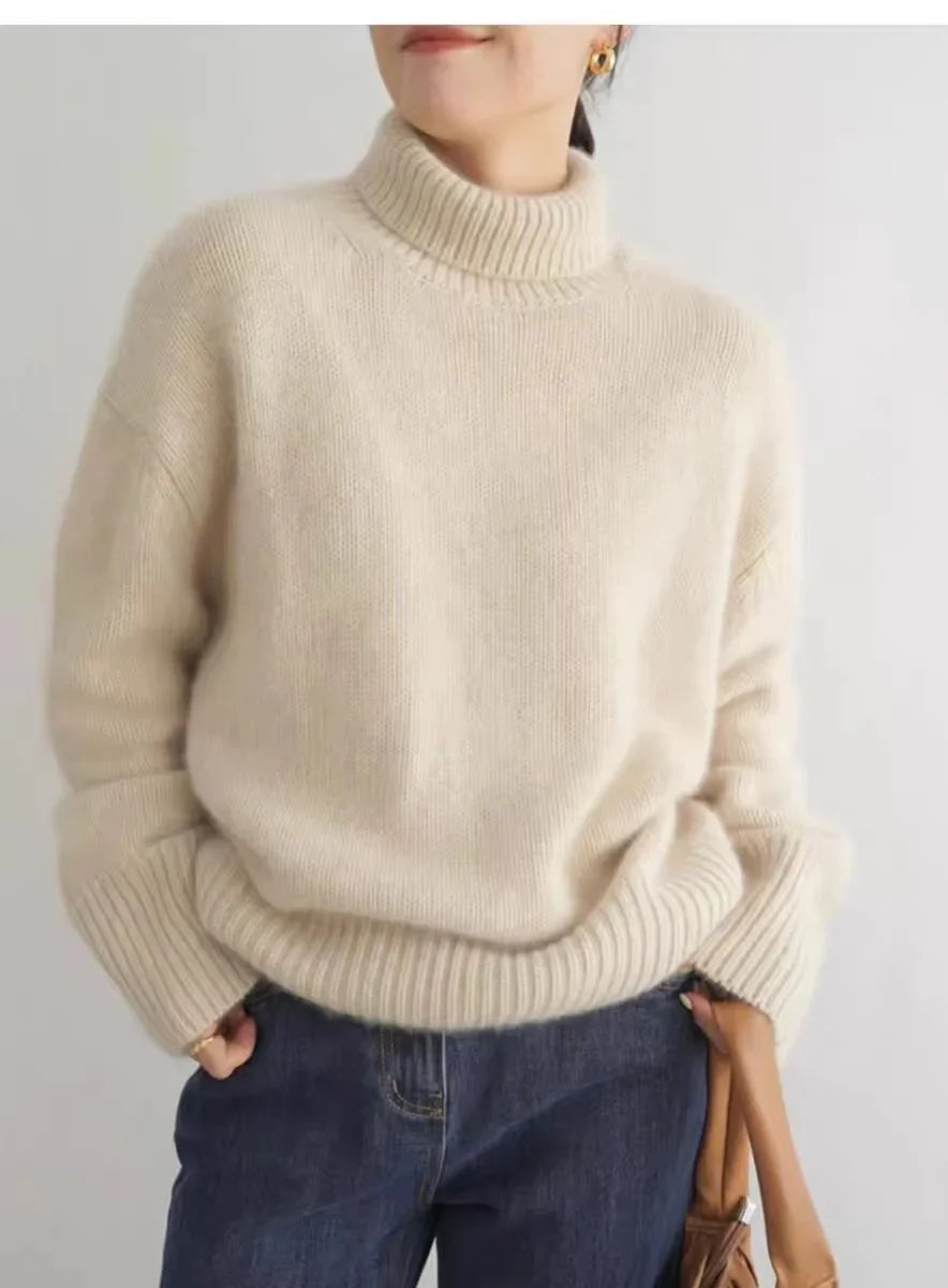 Women's cream turtleneck sweater with ribbed trims