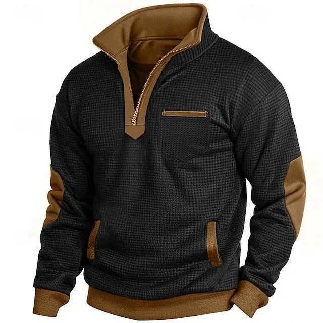 Men's textured quarter-zip sweatshirt with mock neck and contrast panels