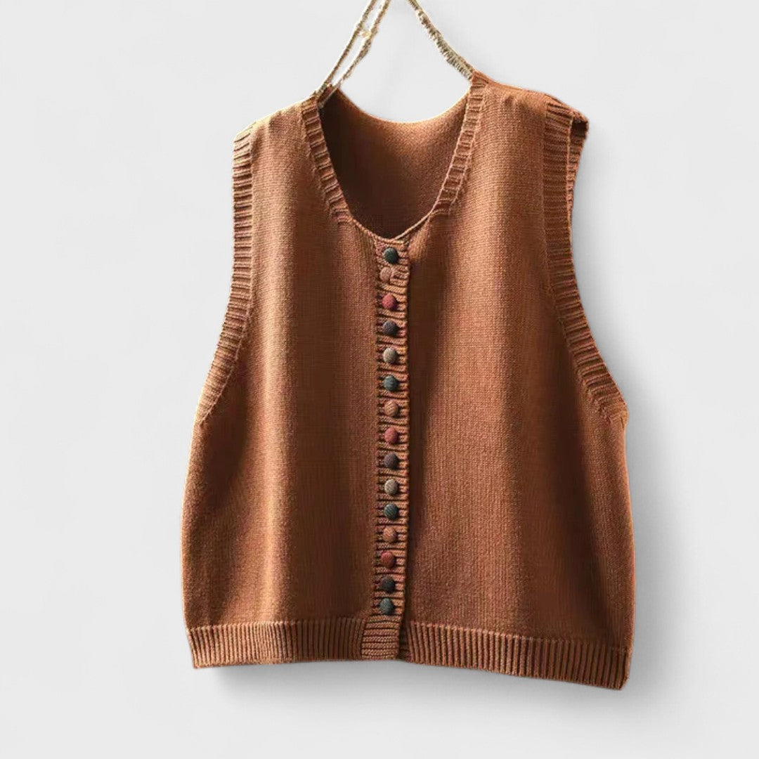 Women's sleeveless V-neck knit vest with colourful buttons