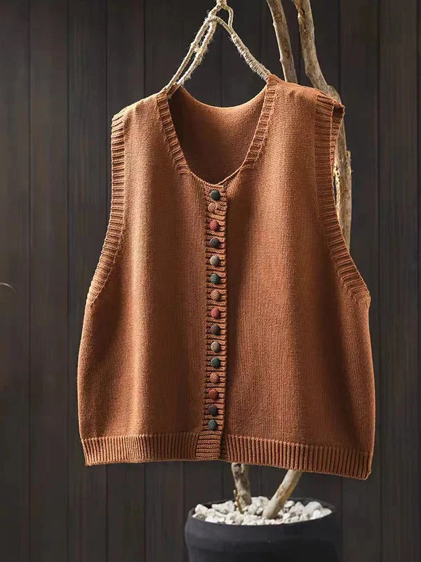 Women's sleeveless knit vest with V-neck and colorful buttons