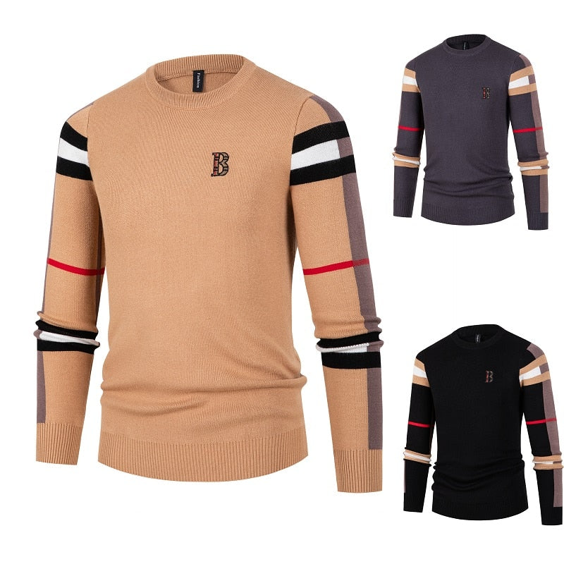 Men's crew neck sweater with striped long sleeves and ribbed trims