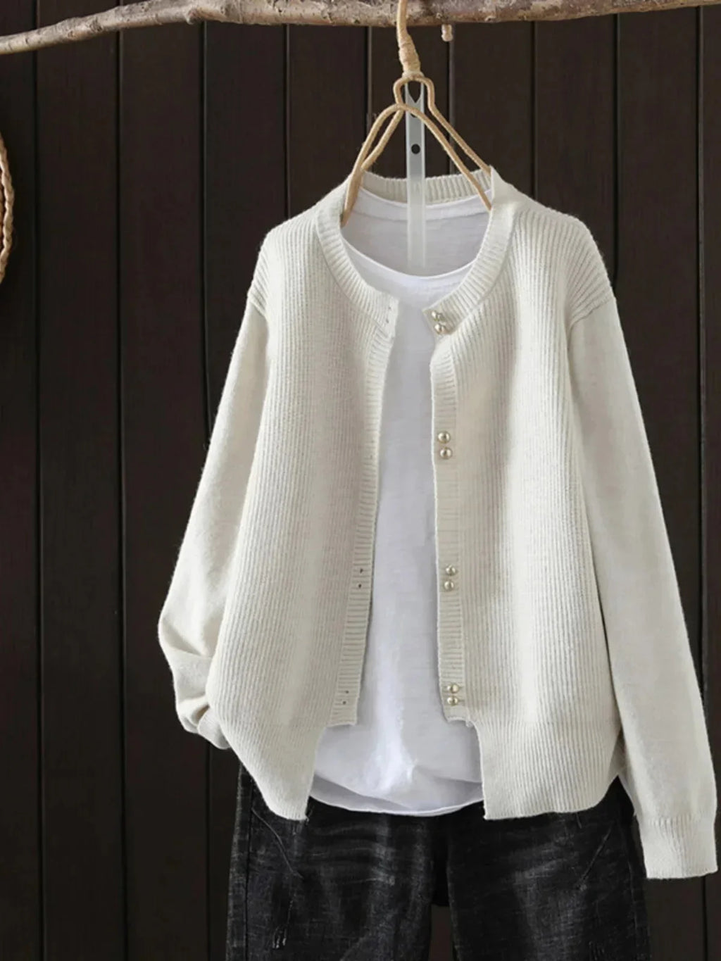 Women's ribbed knit cardigan with pearl-style buttons