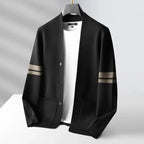 Men's striped knit cardigan with button front, long sleeves and patch pockets