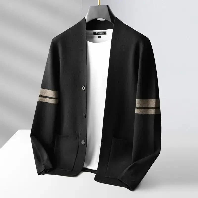 Men's striped knit cardigan with button front, long sleeves and patch pockets